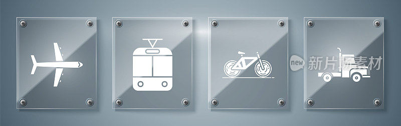 Set Delivery cargo truck vehicle, Bicycle, Tram and railway and Plane. Square glass panels. Vector